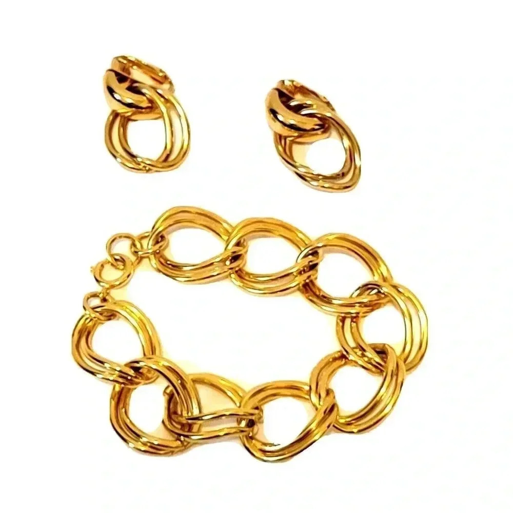 Link Bracelet Clip-On Earrings Set Jewelry Vintage Gold Tone 6 1/2"